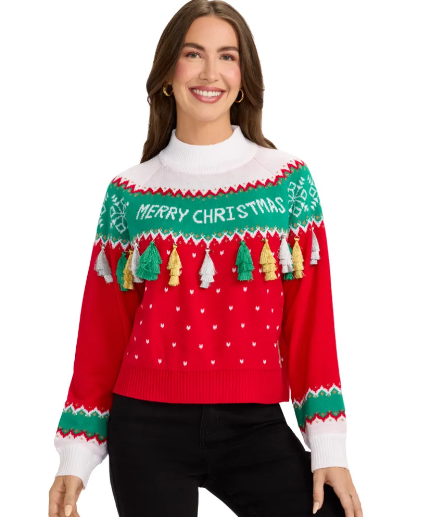 Women's Merry Christmas Tassel Turtleneck Cropped Sweater