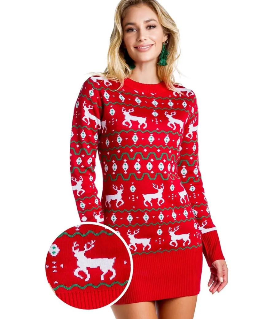 Women's Red Reindeer Sweater Dress