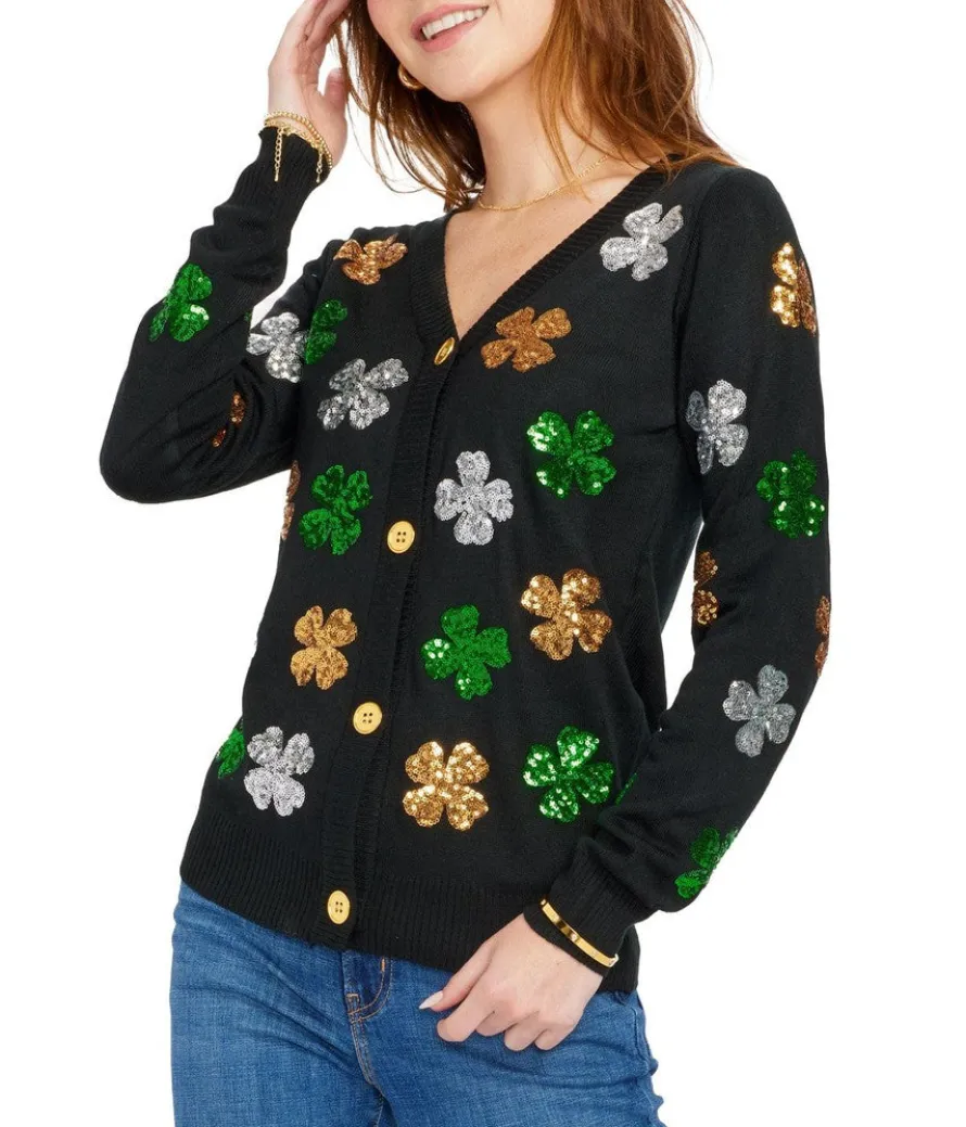 Women's Sequin Clover Cardigan Sweater