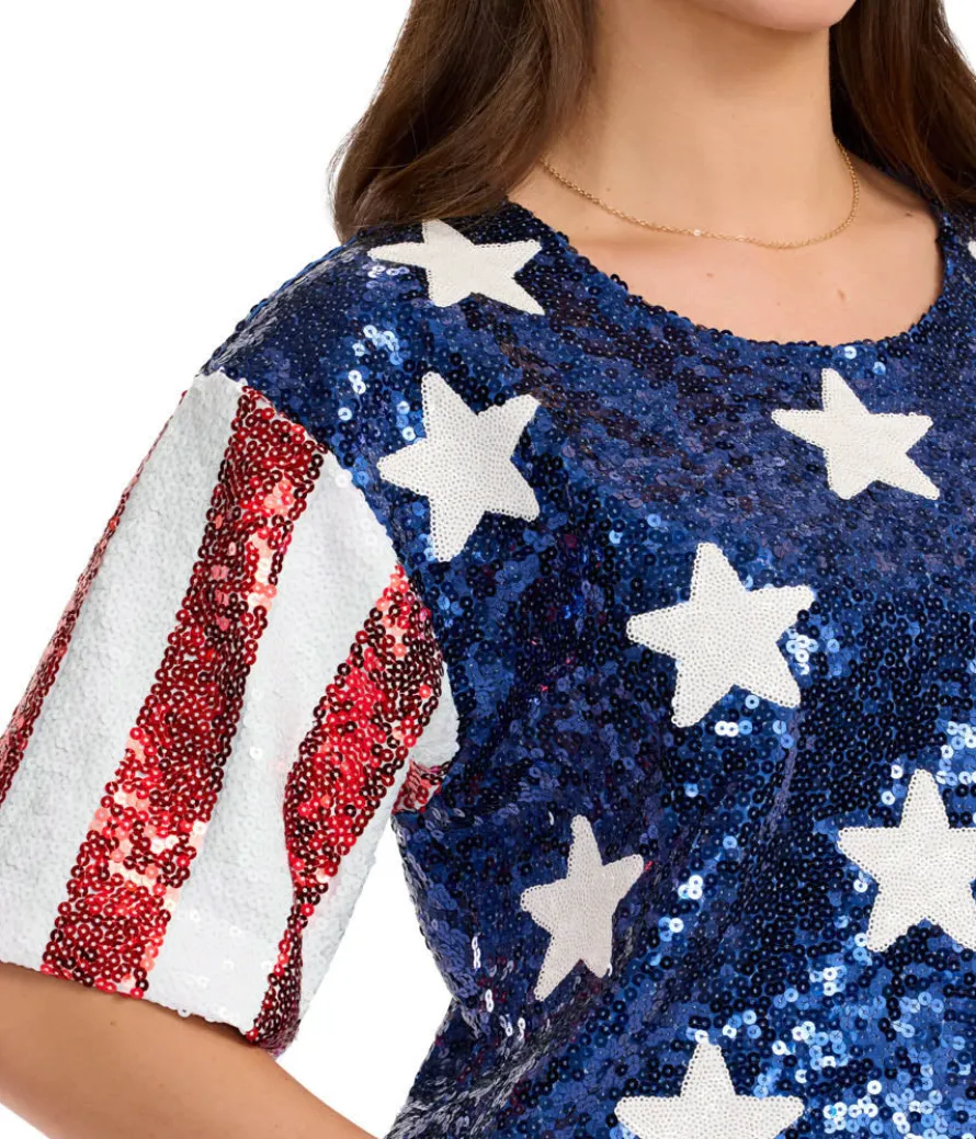 Women's Sequined Stars and Stripes Cropped Tee