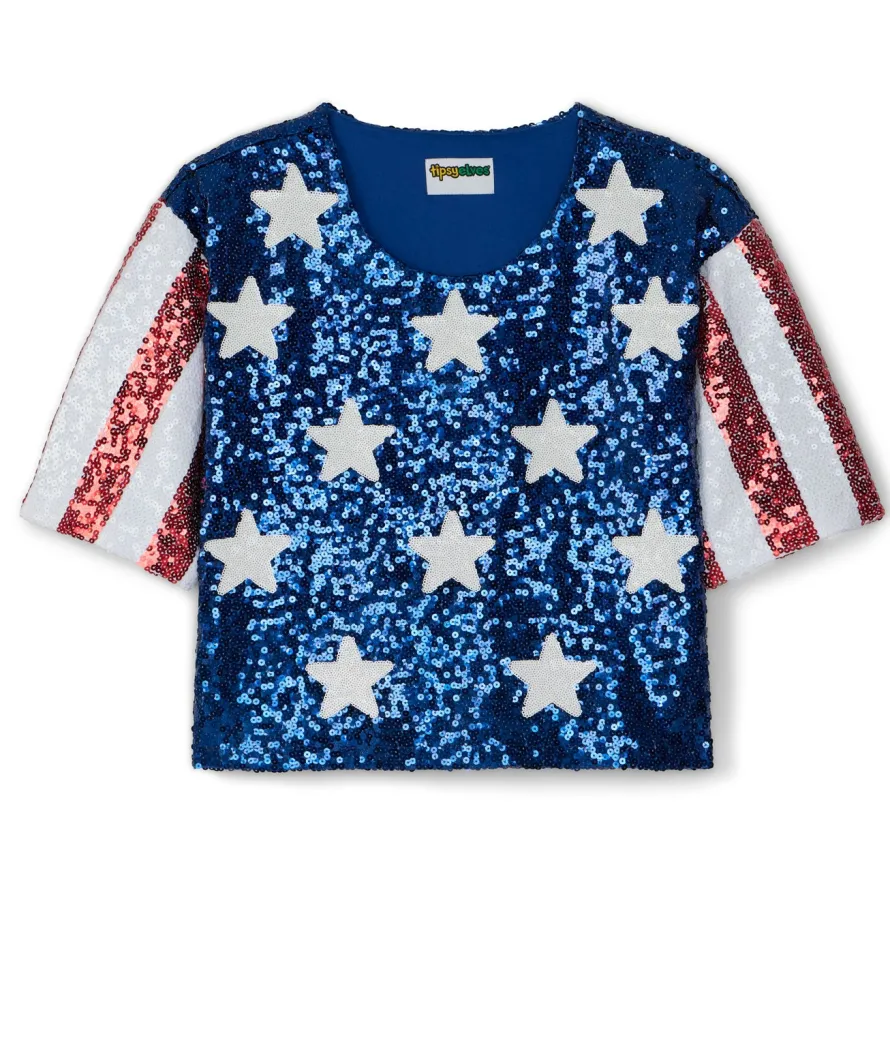 Women's Sequined Stars and Stripes Cropped Tee