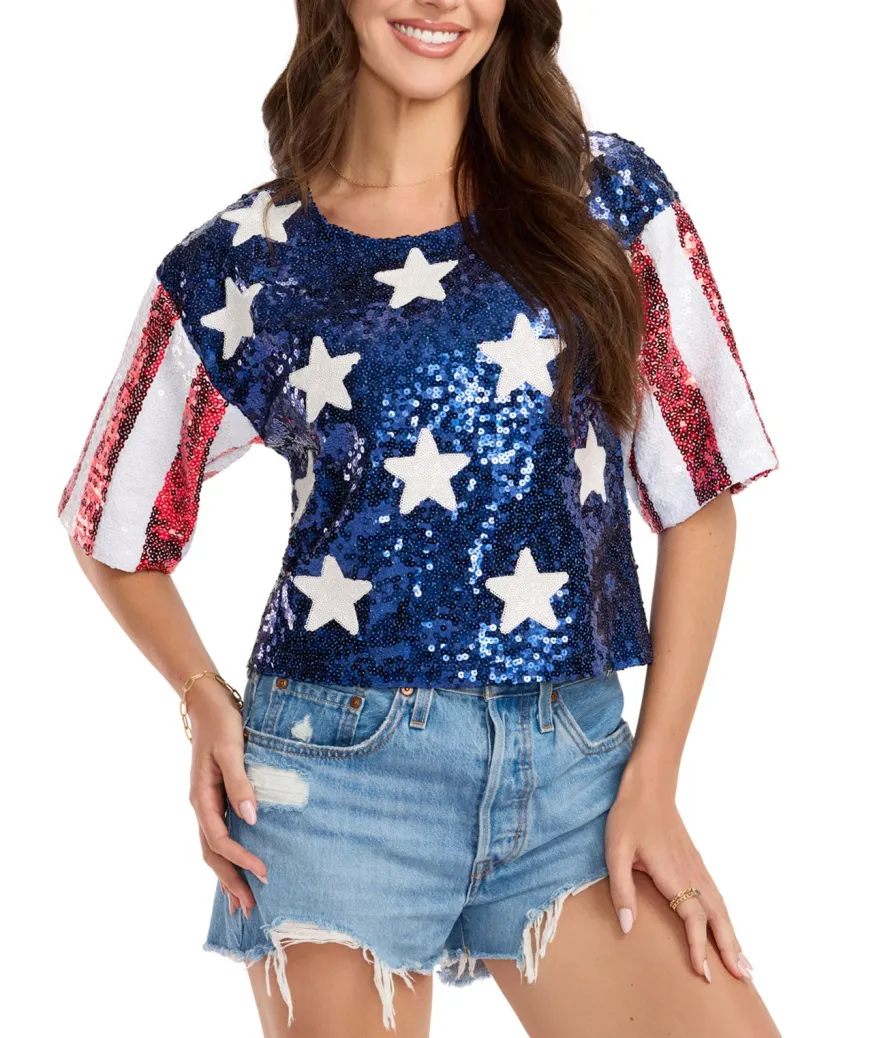 Women's Sequined Stars and Stripes Cropped Tee