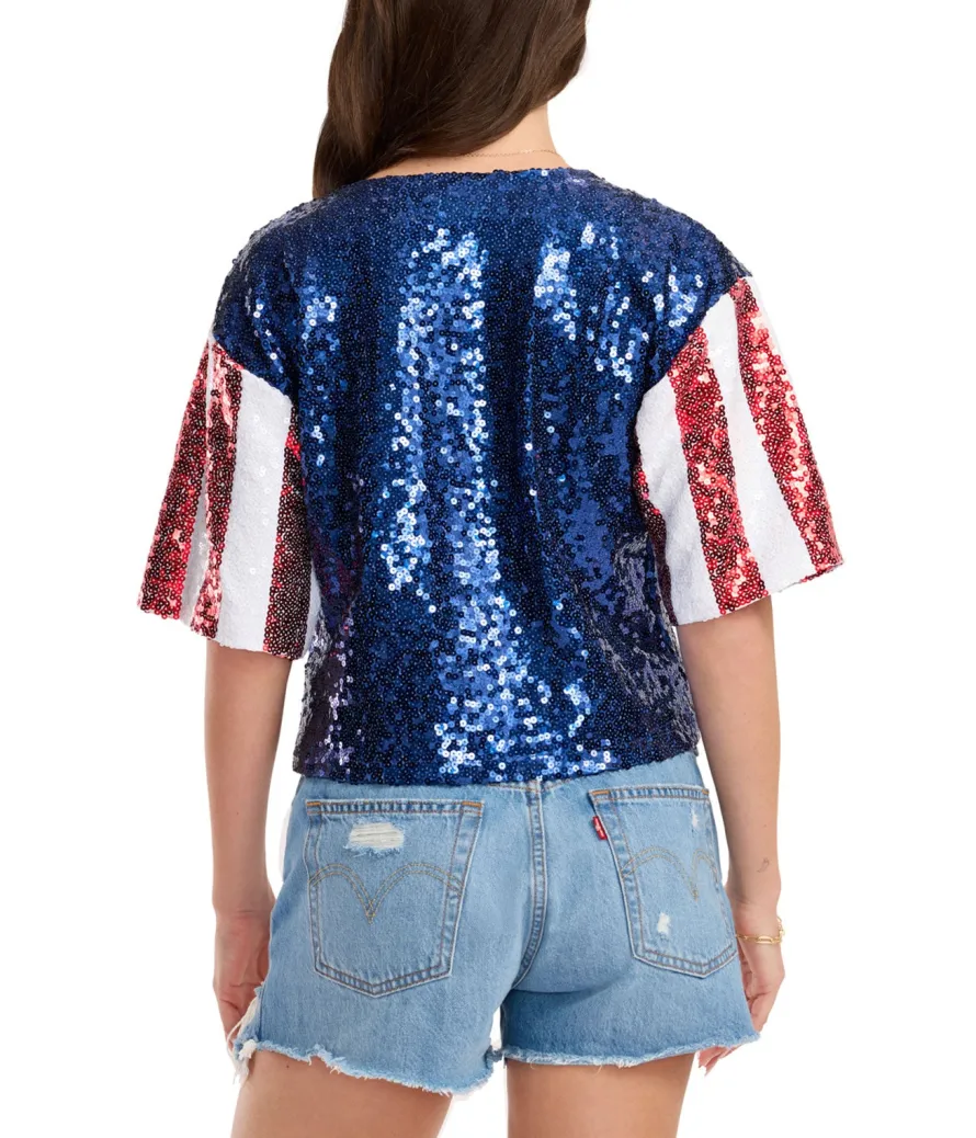 Women's Sequined Stars and Stripes Cropped Tee