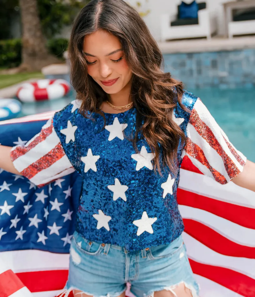 Women's Sequined Stars and Stripes Cropped Tee